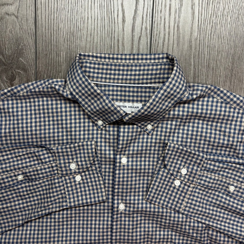 Peter Millar Mens XL Blue Tan Gingham Check Button Down Shirt Long Sleeve Plaid